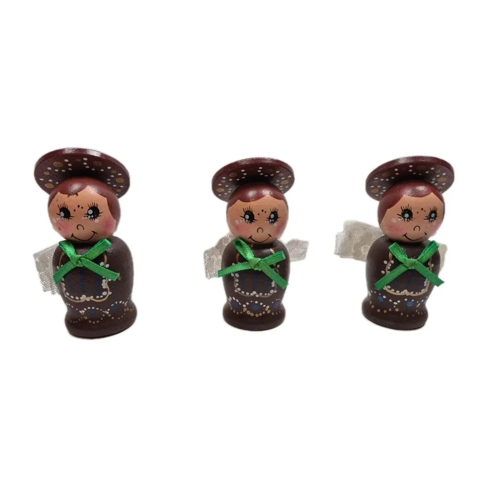 Vintage Hand Painted Wooden Angel Ornaments Set of 3 Retro Kitsch Lace Wings